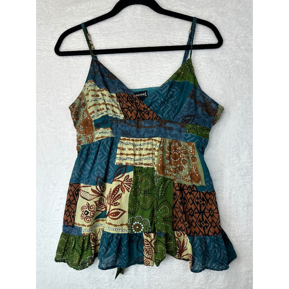 Wet Seal Patchwork Y2K Cami Top Women Medium Multicolor Boho Ruffle Tie Back